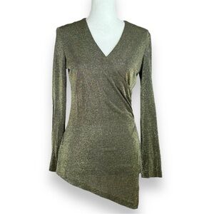 Richard Warren Black & Metallic Gold V-Neck Asymmetrical Hem Side Gathered Top